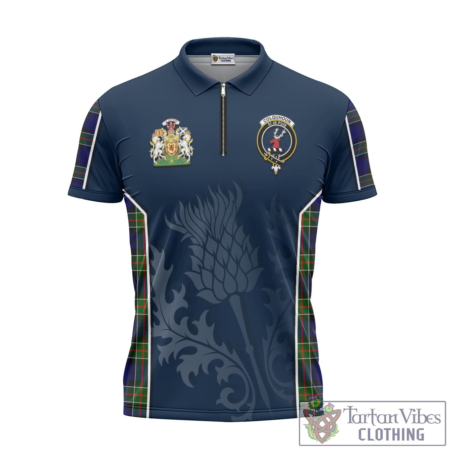 Tartan Vibes Clothing Colquhoun Modern Tartan Zipper Polo Shirt with Family Crest and Scottish Thistle Vibes Sport Style