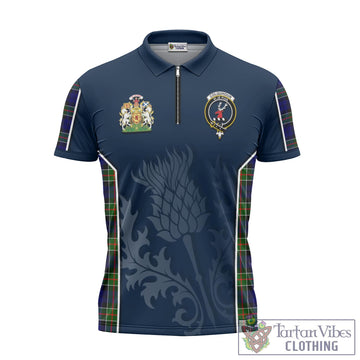 Colquhoun Tartan Zipper Polo Shirt with Family Crest and Scottish Thistle Vibes Sport Style