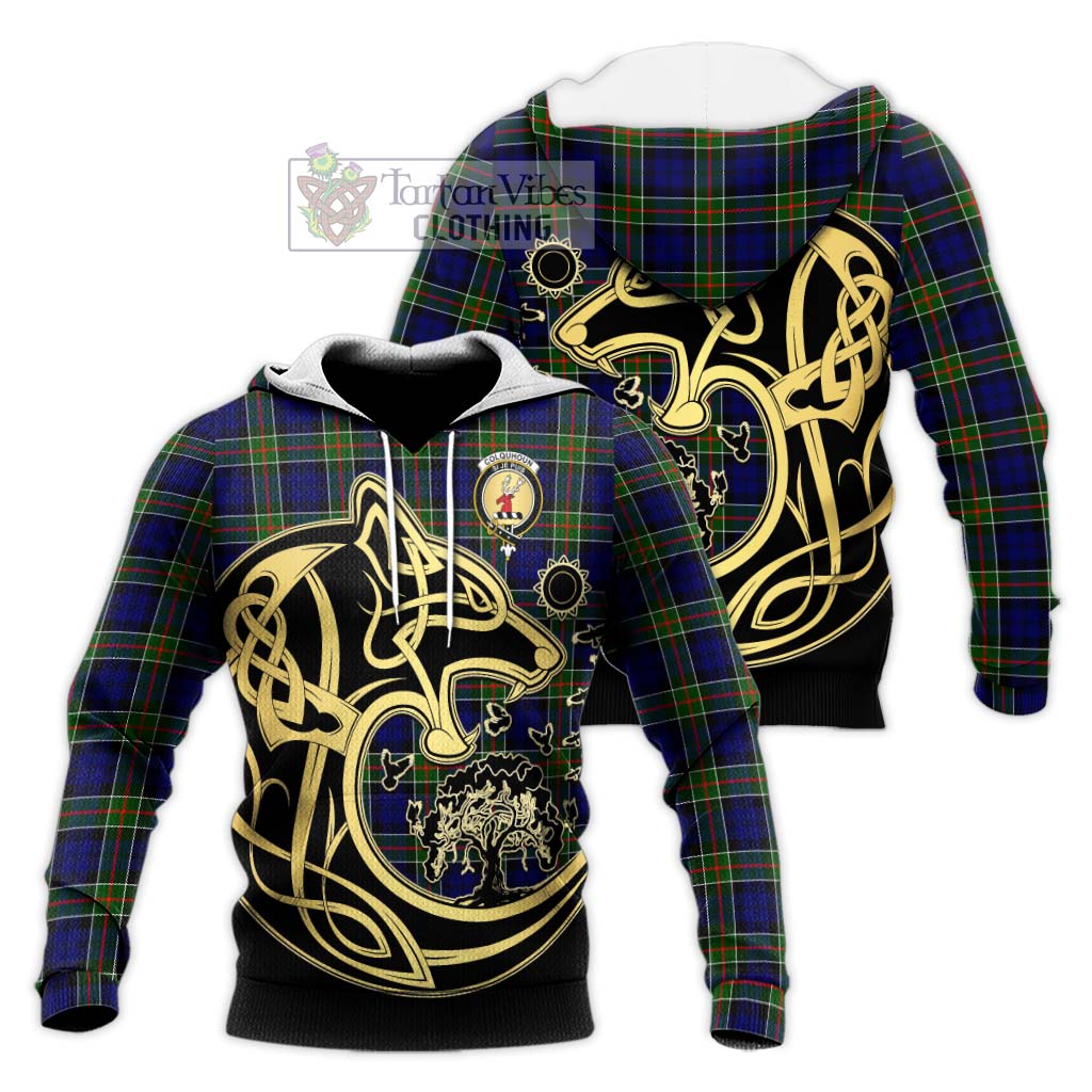 Tartan Vibes Clothing Colquhoun Modern Tartan Knitted Hoodie with Family Crest Celtic Wolf Style