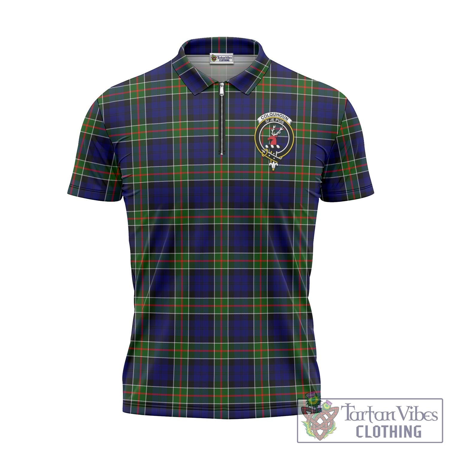 Tartan Vibes Clothing Colquhoun Modern Tartan Zipper Polo Shirt with Family Crest