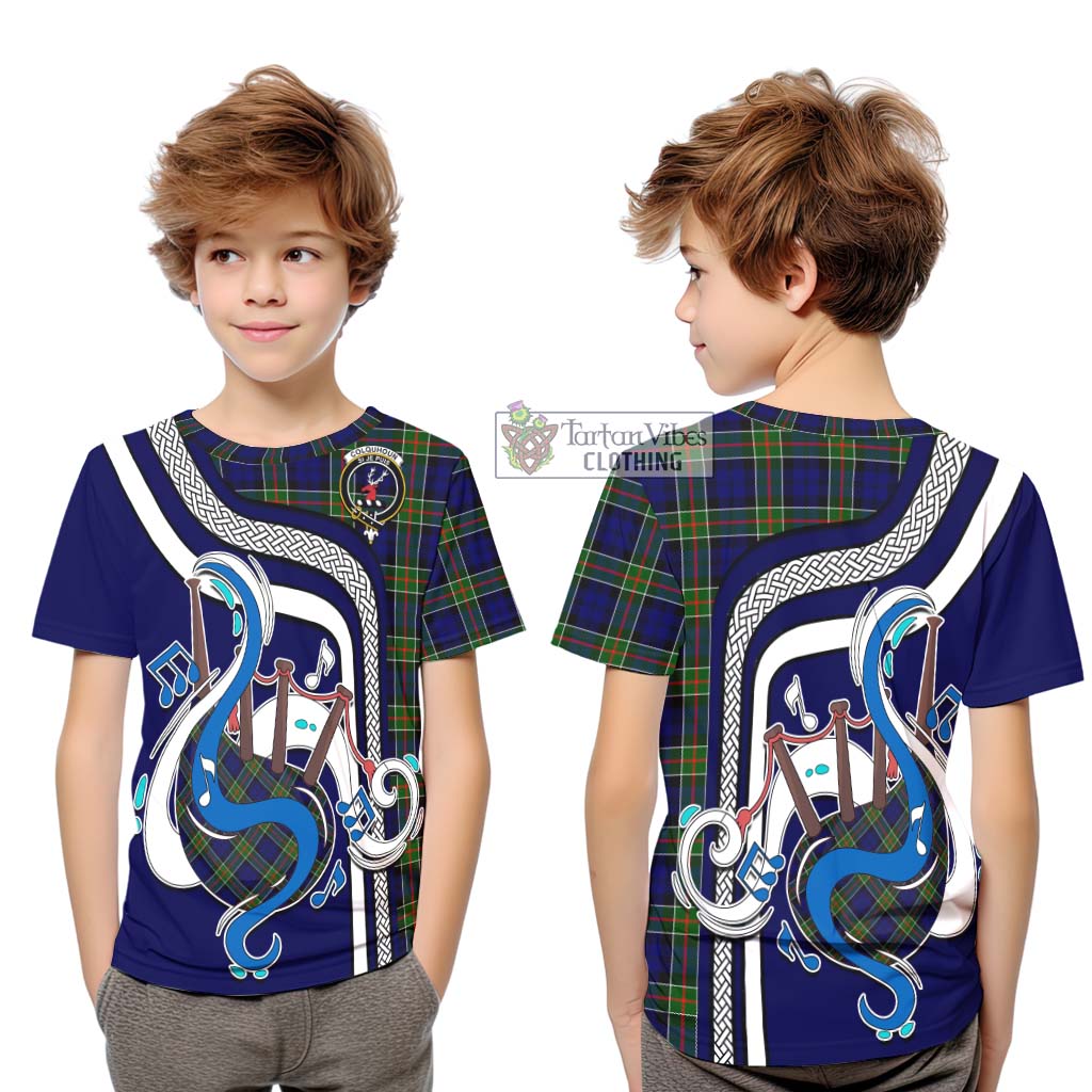 Tartan Vibes Clothing Colquhoun Modern Tartan Kid T-Shirt with Epic Bagpipe Style