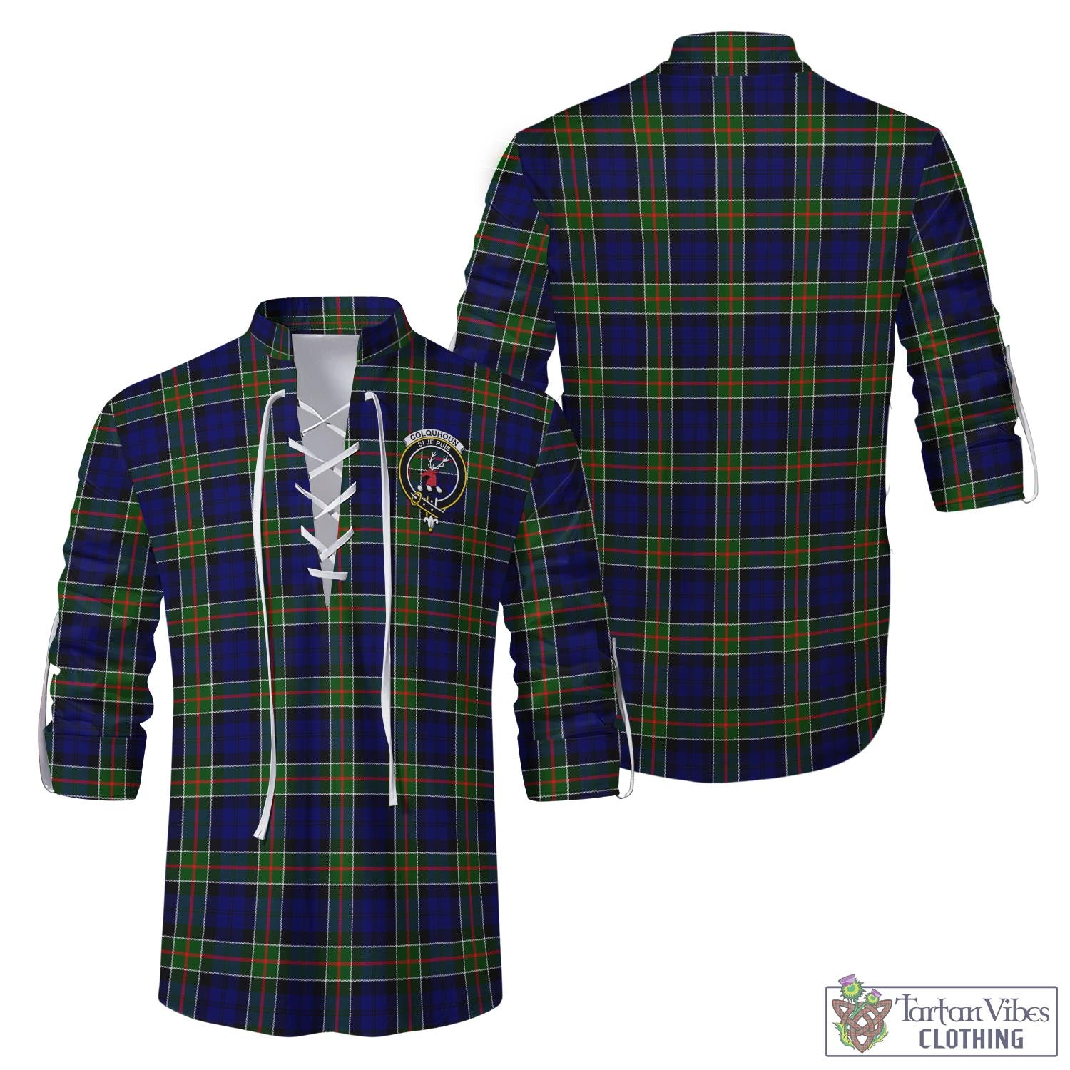 Tartan Vibes Clothing Colquhoun Modern Tartan Men's Scottish Traditional Jacobite Ghillie Kilt Shirt with Family Crest