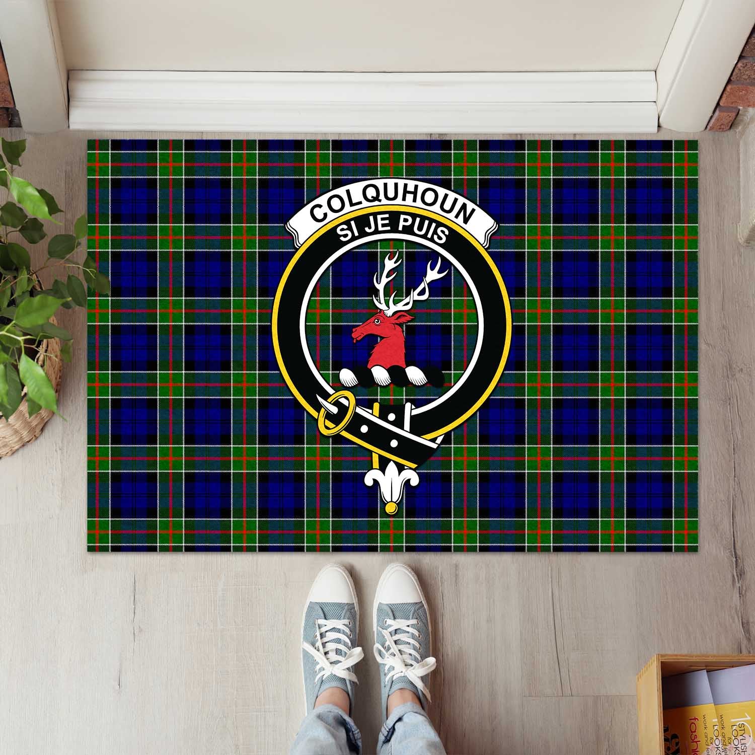 Colquhoun Modern Tartan Door Mat with Family Crest - Tartanvibesclothing