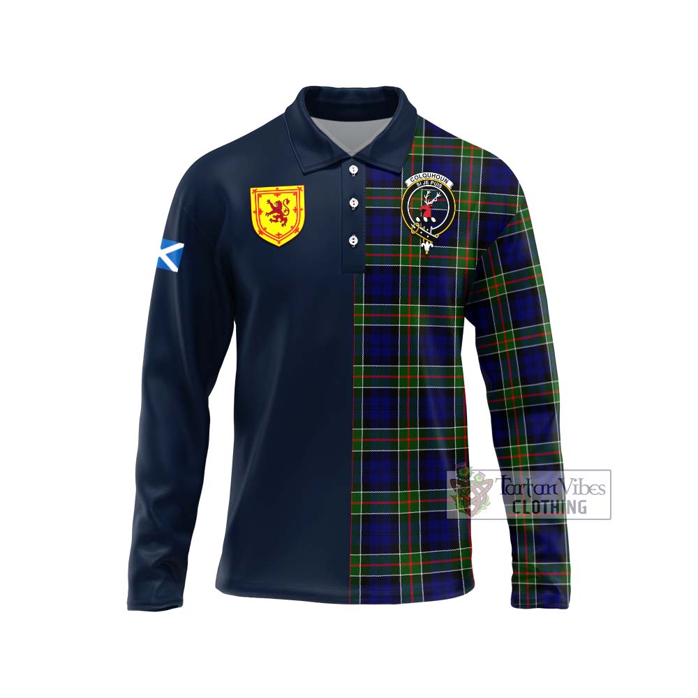 Tartan Vibes Clothing Colquhoun Modern Tartan Long Sleeve Polo Shirt with Scottish Lion Royal Arm Half Style