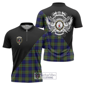 Colquhoun Tartan Zipper Polo Shirt with Family Crest and Military Logo Style