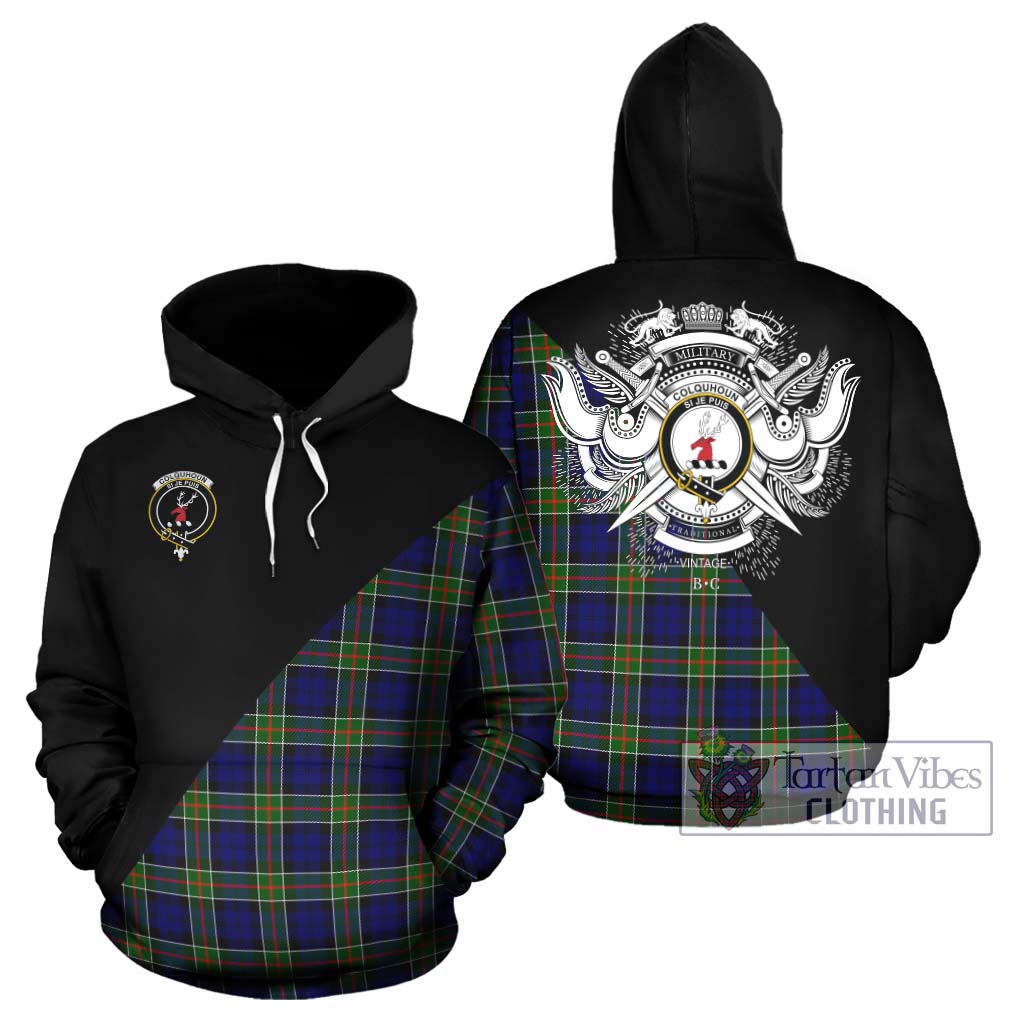 Tartan Vibes Clothing Colquhoun Modern Tartan Hoodie with Family Crest and Military Logo Style