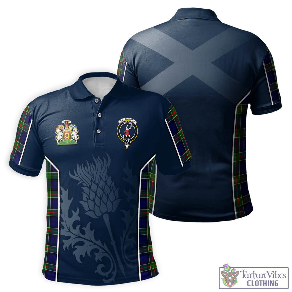 Tartan Vibes Clothing Colquhoun Modern Tartan Men's Polo Shirt with Family Crest and Scottish Thistle Vibes Sport Style