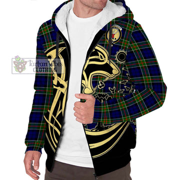 Colquhoun Modern Tartan Sherpa Hoodie with Family Crest Celtic Wolf Style