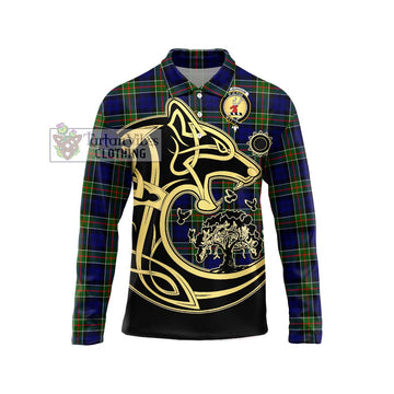 Colquhoun Modern Tartan Long Sleeve Polo Shirt with Family Crest Celtic Wolf Style