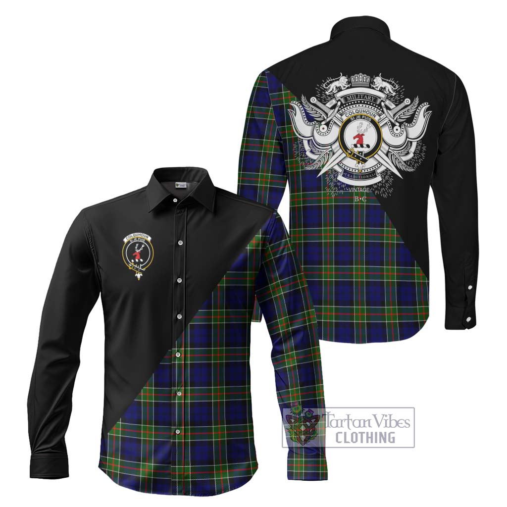 Tartan Vibes Clothing Colquhoun Modern Tartan Long Sleeve Button Shirt with Family Crest and Military Logo Style