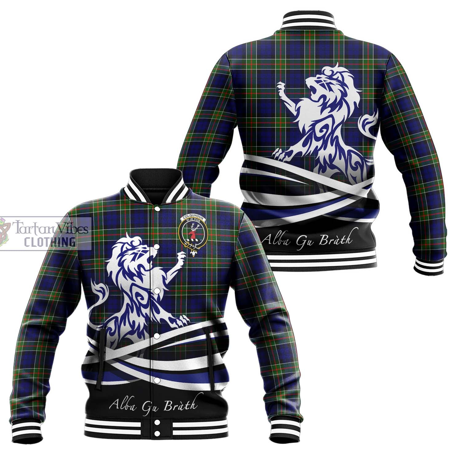 Tartan Vibes Clothing Colquhoun Modern Tartan Baseball Jacket with Alba Gu Brath Regal Lion Emblem