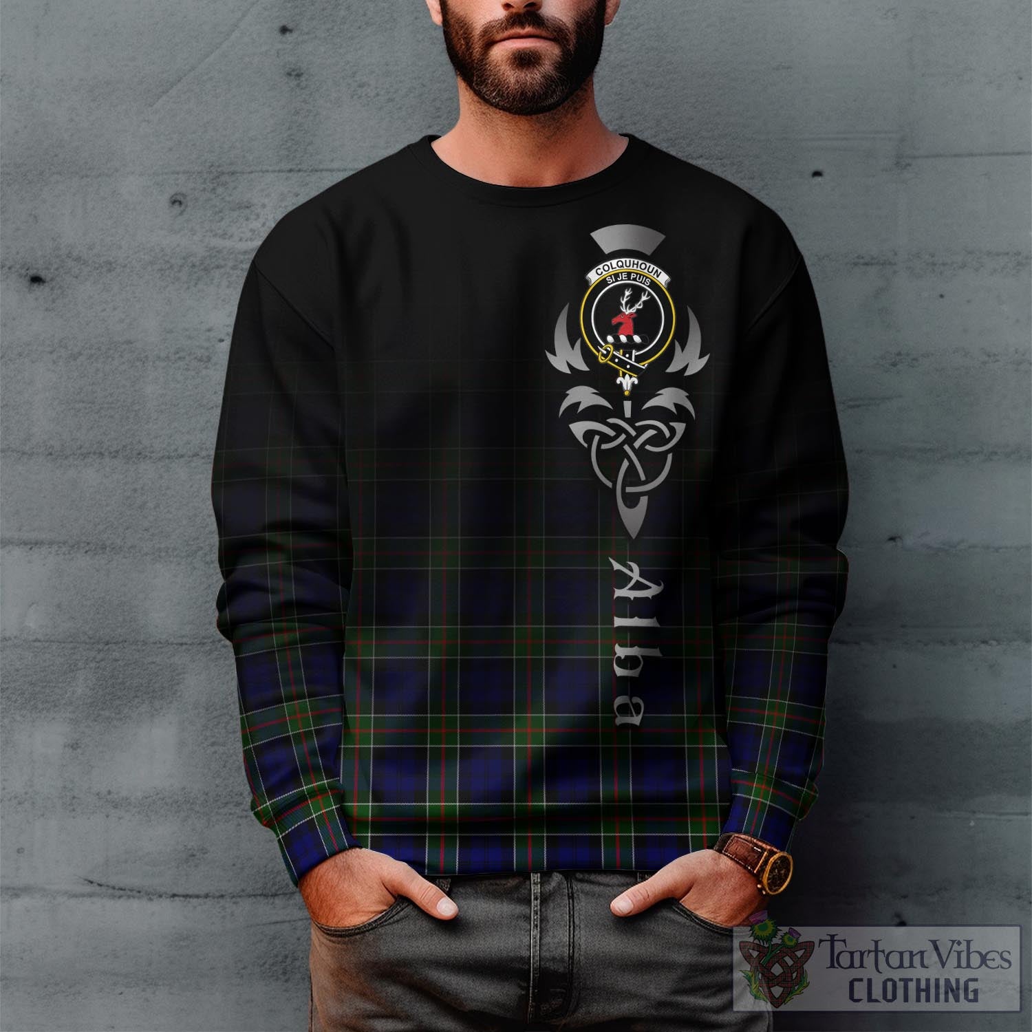 Tartan Vibes Clothing Colquhoun Modern Tartan Sweatshirt Featuring Alba Gu Brath Family Crest Celtic Inspired