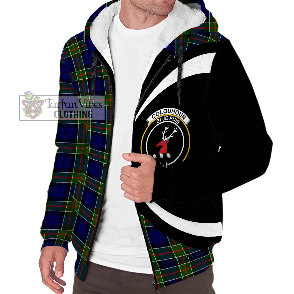 Colquhoun Tartan Sherpa Hoodie with Family Crest Circle Style Unisex S - Tartan Vibes Clothing