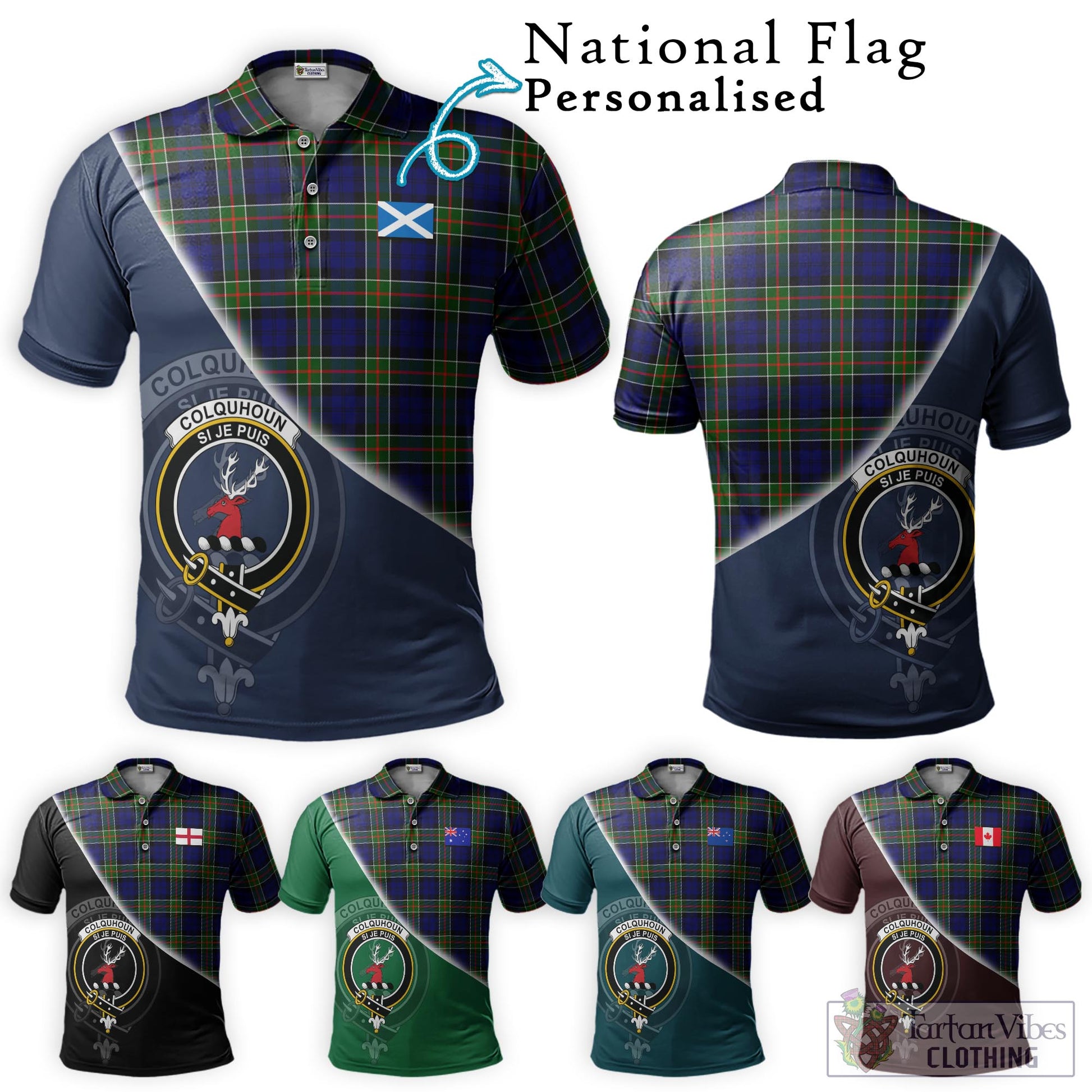 Tartan Vibes Clothing Colquhoun Modern Tartan Polo Shirt with Personalised National Flag and Family Crest Half Style