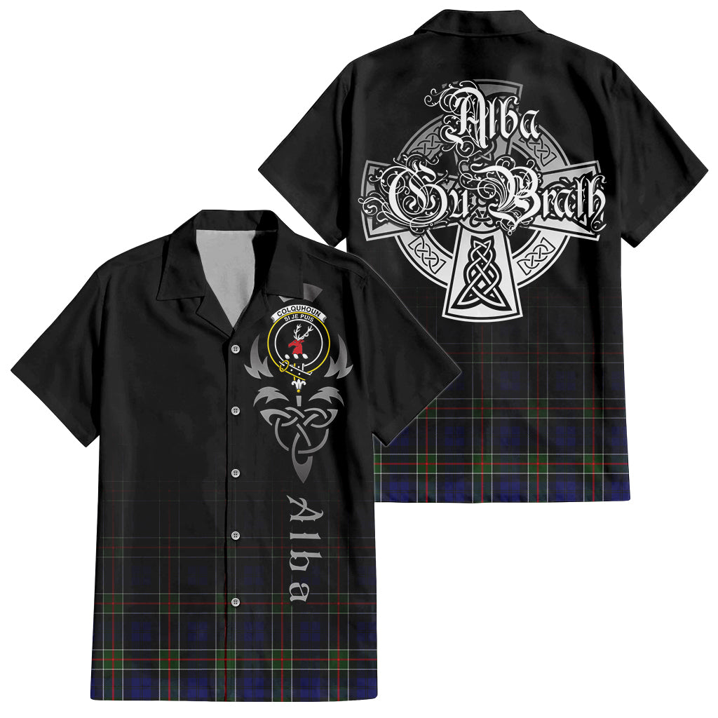 Tartan Vibes Clothing Colquhoun Modern Tartan Short Sleeve Button Up Featuring Alba Gu Brath Family Crest Celtic Inspired