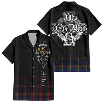 Colquhoun Tartan Short Sleeve Button Up Shirt Featuring Alba Gu Brath Family Crest Celtic Inspired