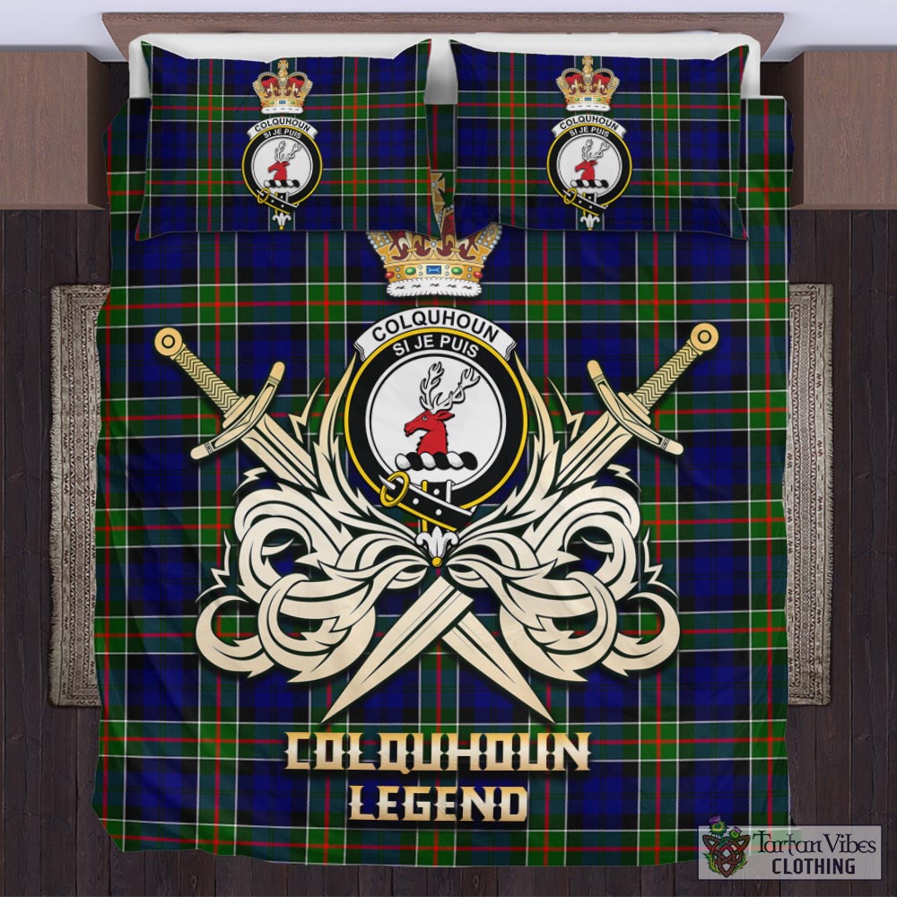 Tartan Vibes Clothing Colquhoun Modern Tartan Bedding Set with Clan Crest and the Golden Sword of Courageous Legacy