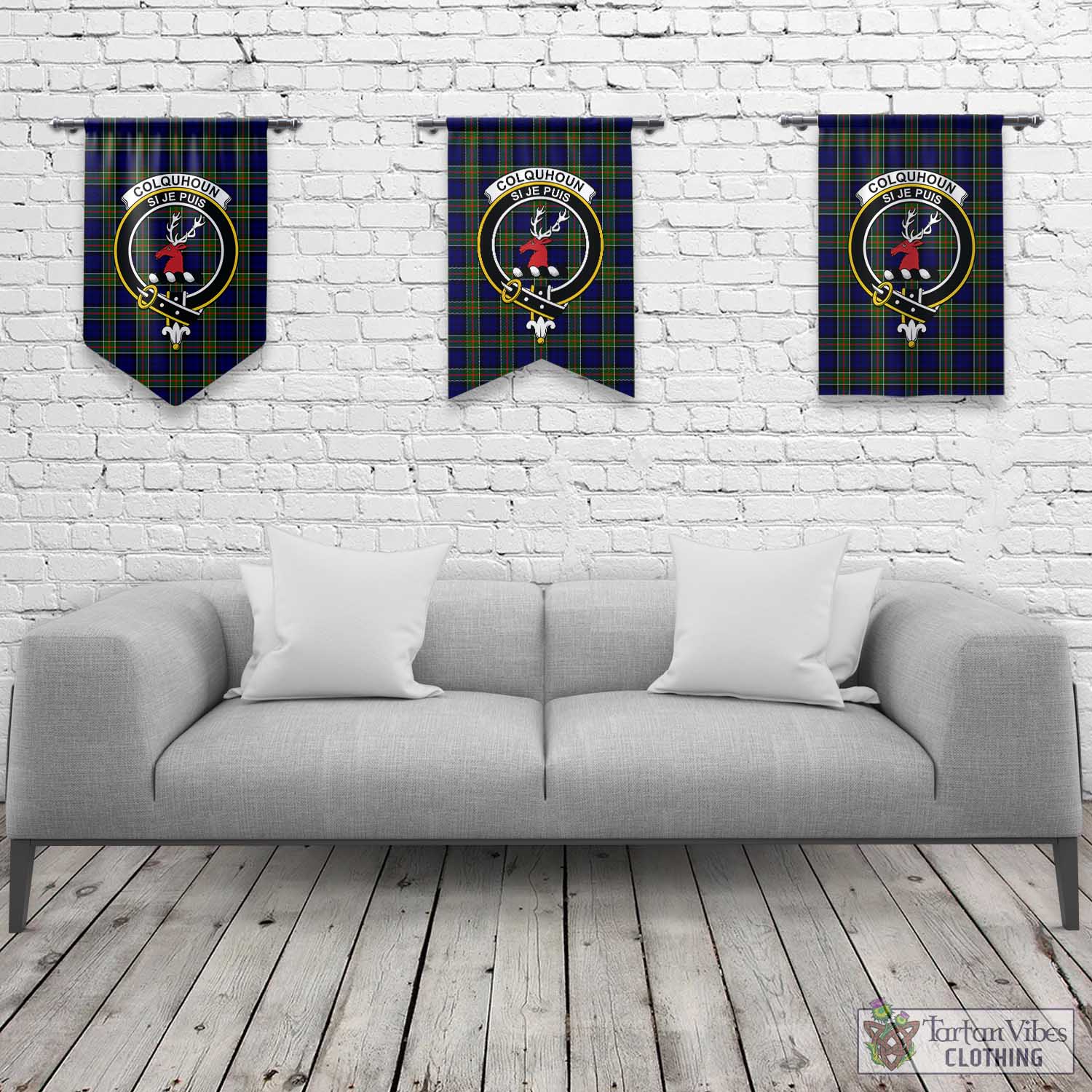 Tartan Vibes Clothing Colquhoun Modern Tartan Gonfalon, Tartan Banner with Family Crest