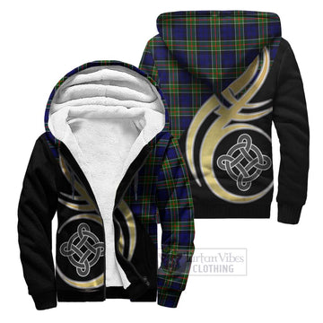 Colquhoun Tartan Sherpa Hoodie with Family Crest and Celtic Symbol Style