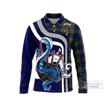 Colquhoun Tartan Long Sleeve Polo Shirt with Epic Bagpipe Style