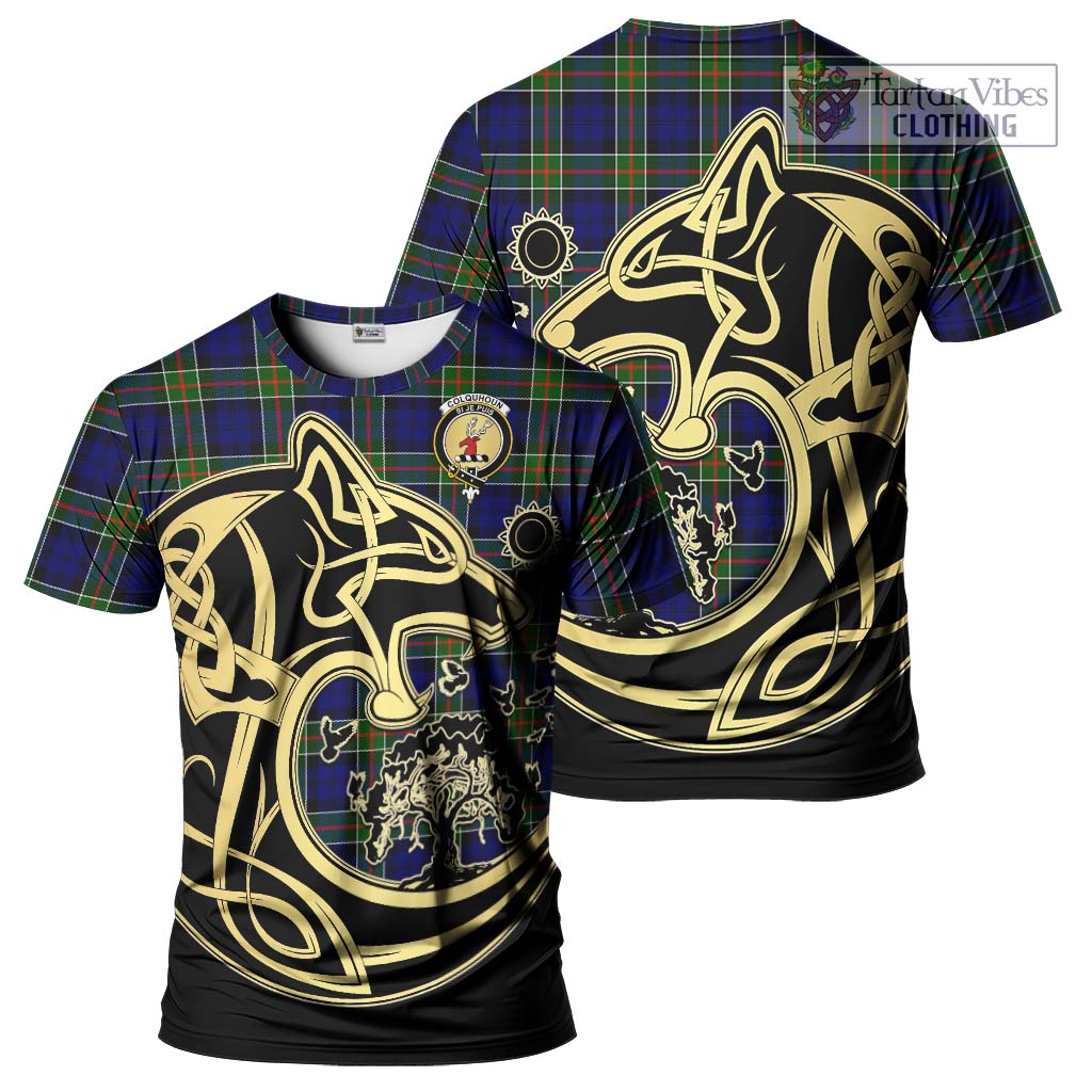 Tartan Vibes Clothing Colquhoun Modern Tartan T-Shirt with Family Crest Celtic Wolf Style