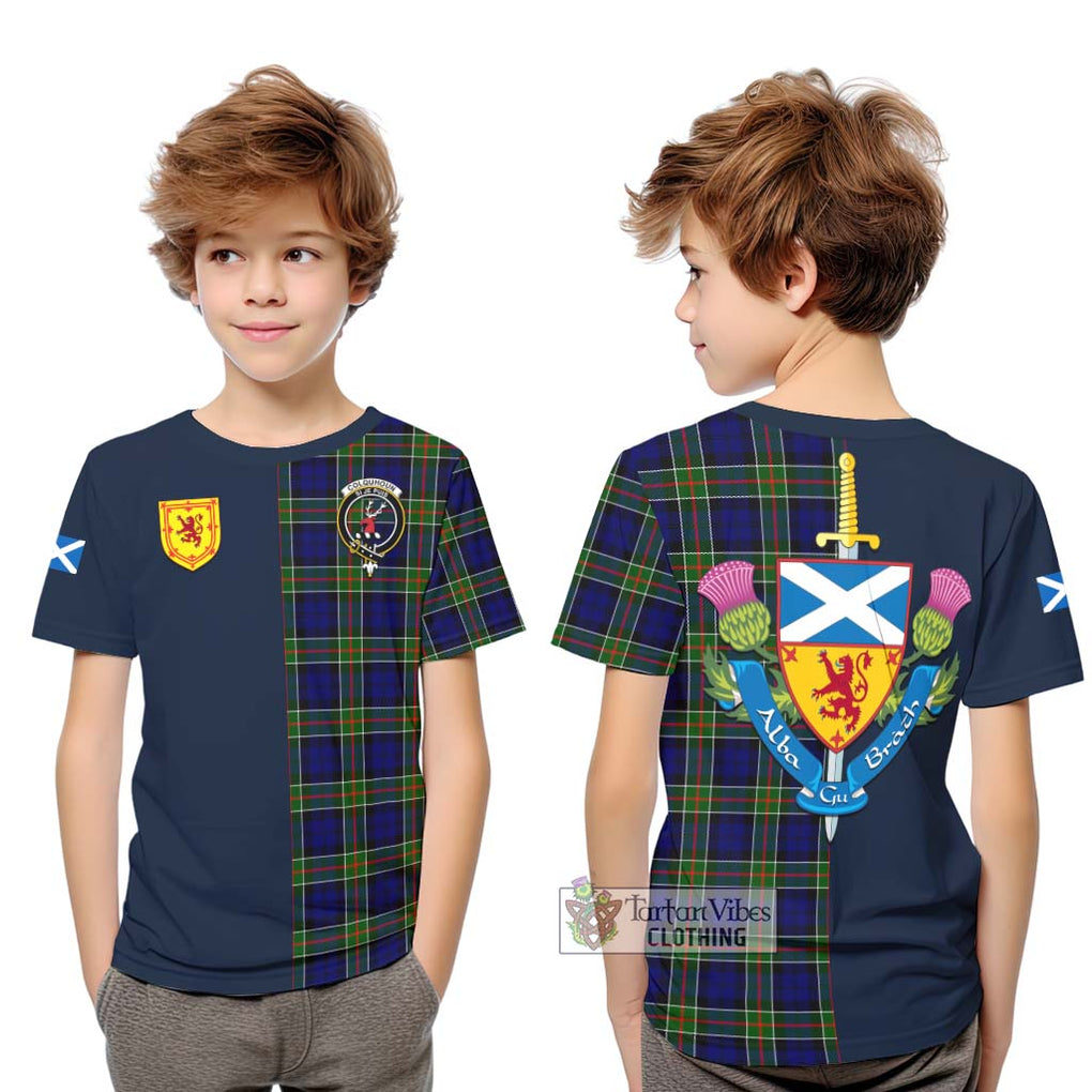 Tartan Vibes Clothing Colquhoun Modern Tartan Kid T-Shirt with Scottish Lion Royal Arm Half Style