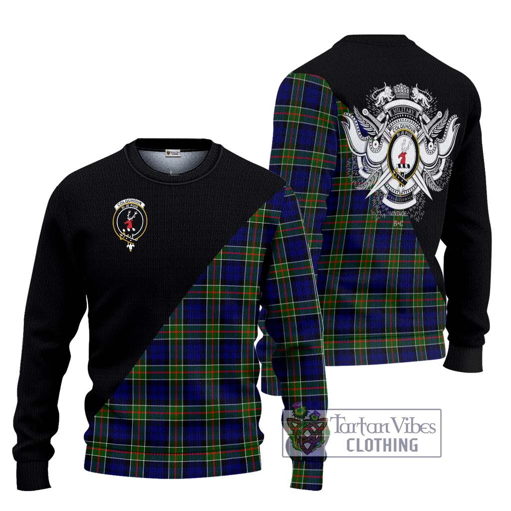 Tartan Vibes Clothing Colquhoun Modern Tartan Knitted Sweater with Family Crest and Military Logo Style