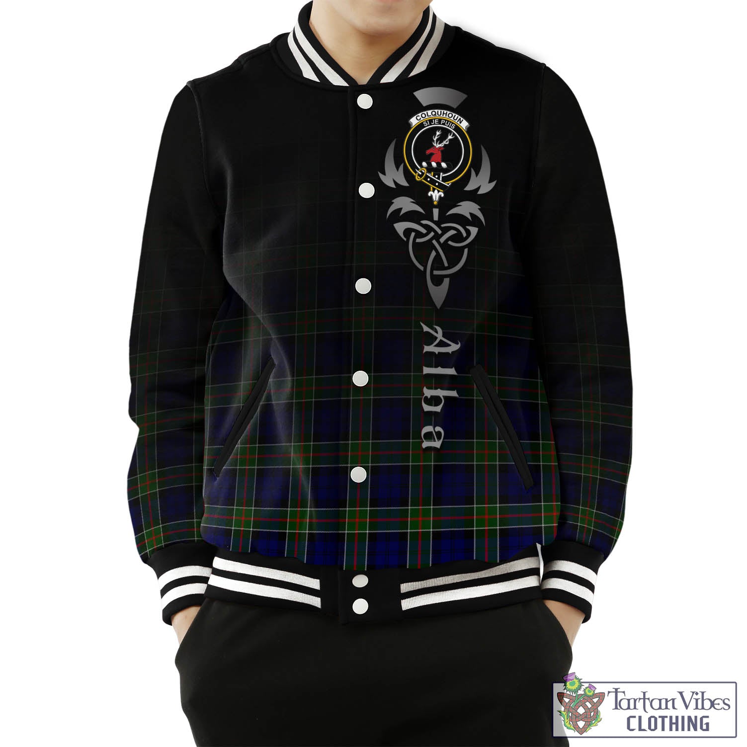 Tartan Vibes Clothing Colquhoun Modern Tartan Baseball Jacket Featuring Alba Gu Brath Family Crest Celtic Inspired