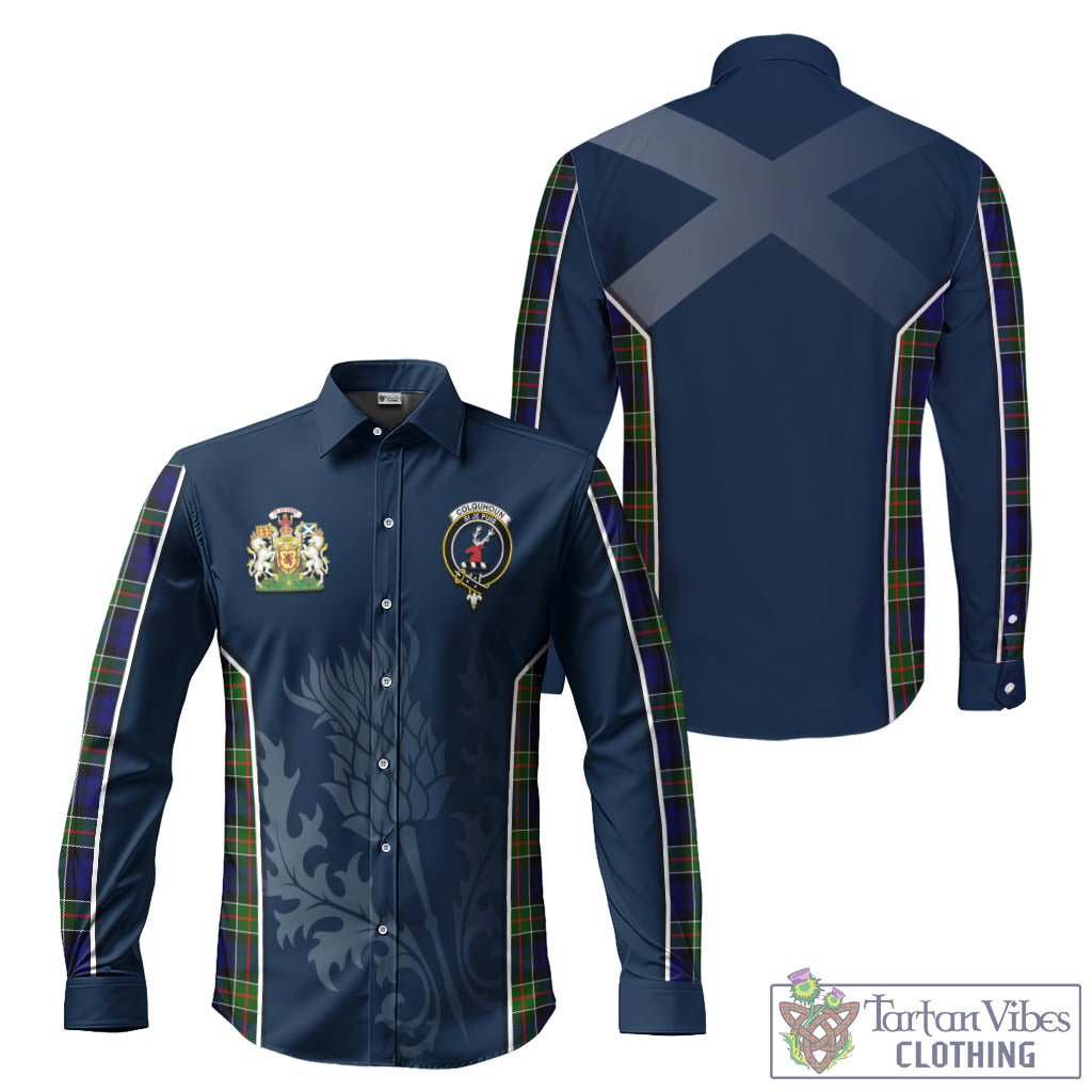 Tartan Vibes Clothing Colquhoun Modern Tartan Long Sleeve Button Up Shirt with Family Crest and Scottish Thistle Vibes Sport Style