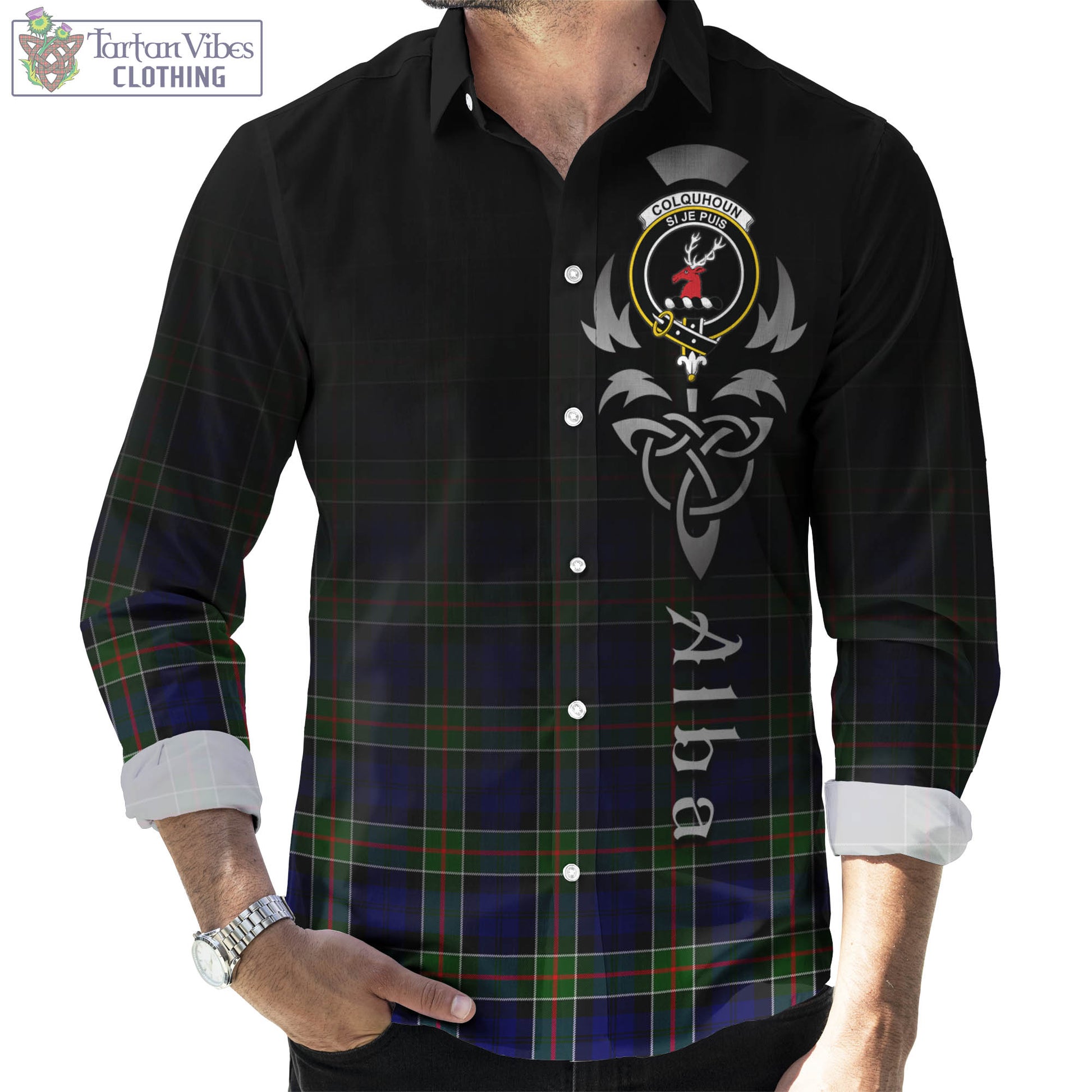 Tartan Vibes Clothing Colquhoun Modern Tartan Long Sleeve Button Up Featuring Alba Gu Brath Family Crest Celtic Inspired