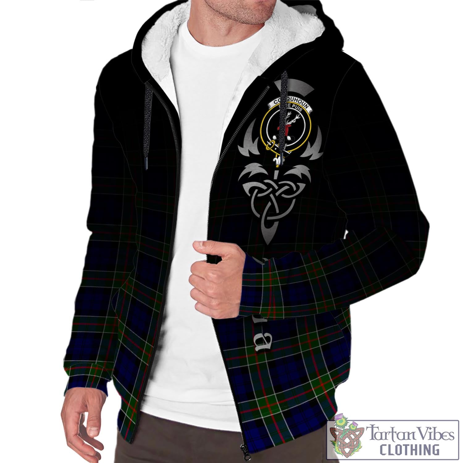 Tartan Vibes Clothing Colquhoun Modern Tartan Sherpa Hoodie Featuring Alba Gu Brath Family Crest Celtic Inspired