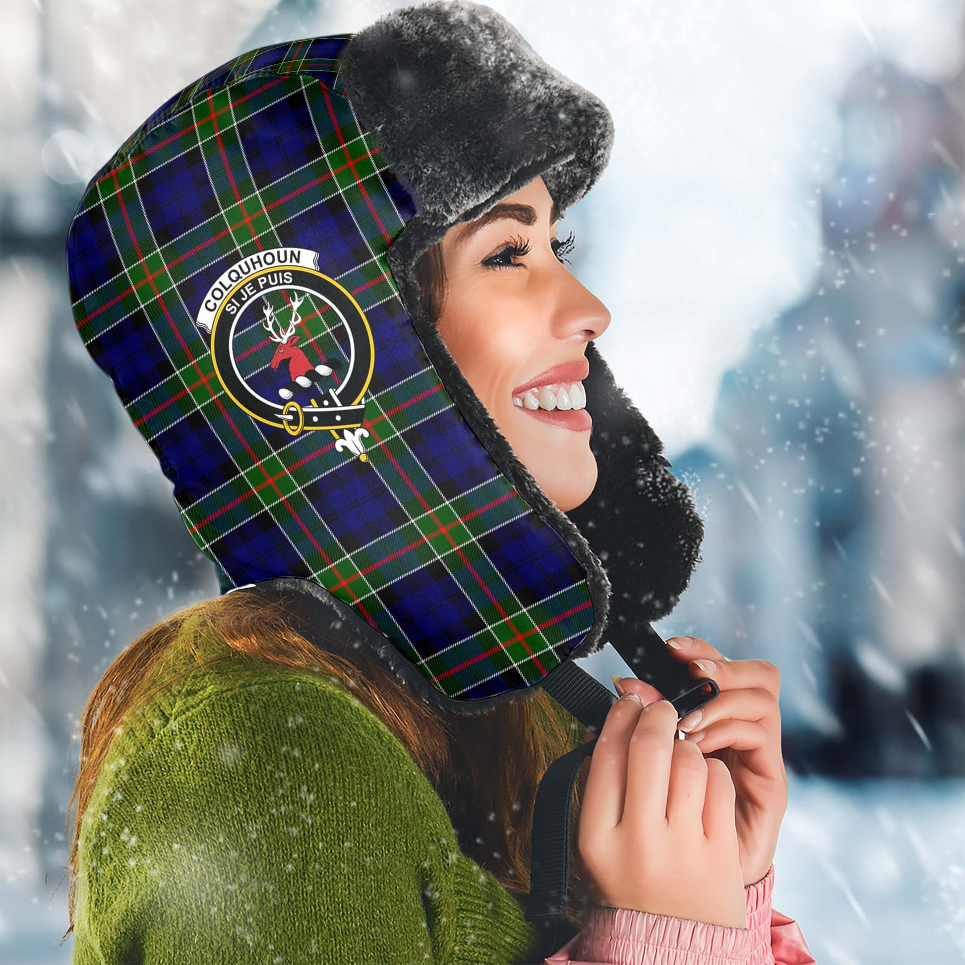 Colquhoun Modern Tartan Winter Trapper Hat with Family Crest Winter Trapper Hat Universal Fit Circumference 22.8in (58cm) - Tartanvibesclothing