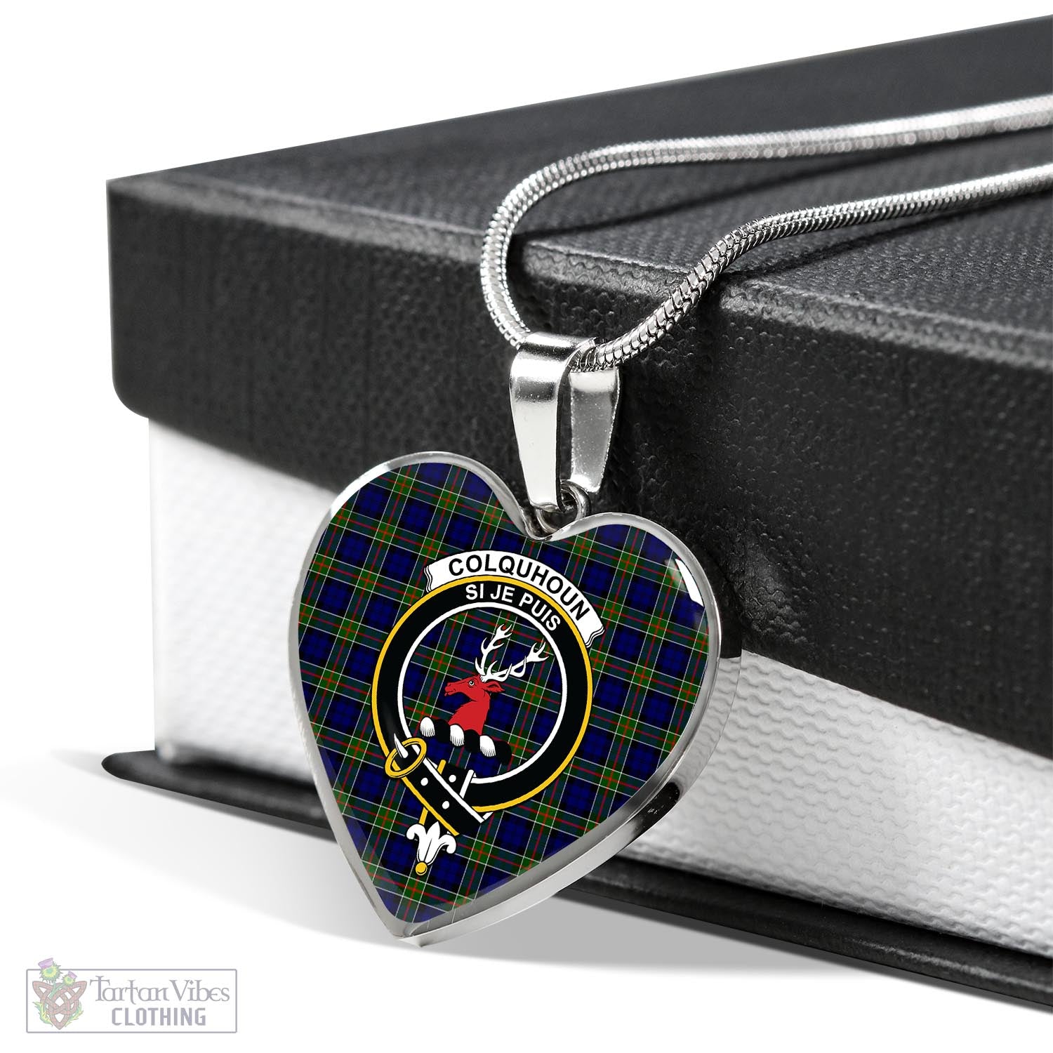 Tartan Vibes Clothing Colquhoun Modern Tartan Heart Necklace with Family Crest