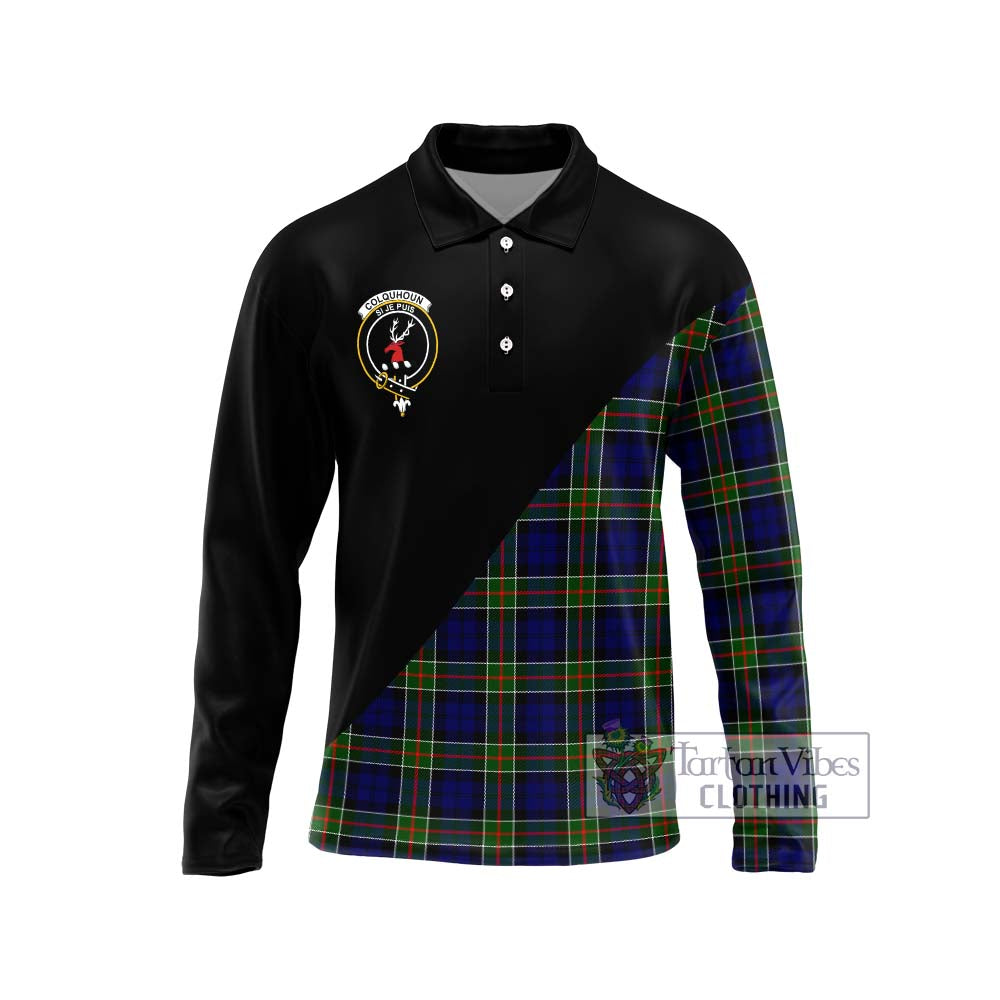 Tartan Vibes Clothing Colquhoun Modern Tartan Long Sleeve Polo Shirt with Family Crest and Military Logo Style