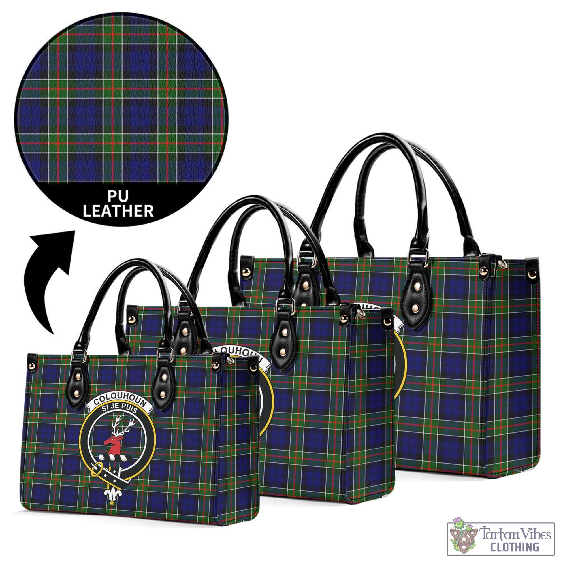 Tartan Vibes Clothing Colquhoun Modern Tartan Luxury Leather Handbags with Family Crest