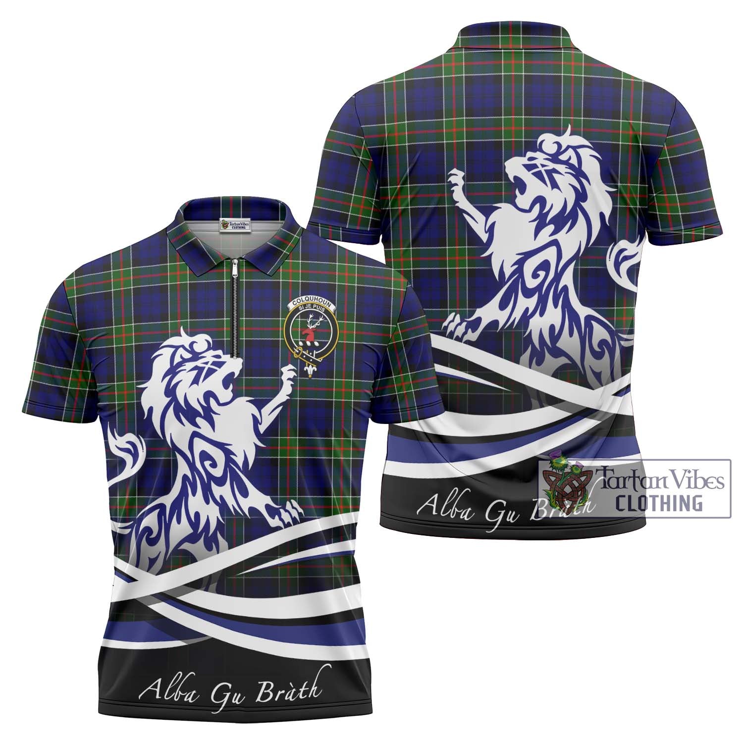 Tartan Vibes Clothing Colquhoun Modern Tartan Zipper Polo Shirt with Alba Gu Brath Regal Lion Emblem