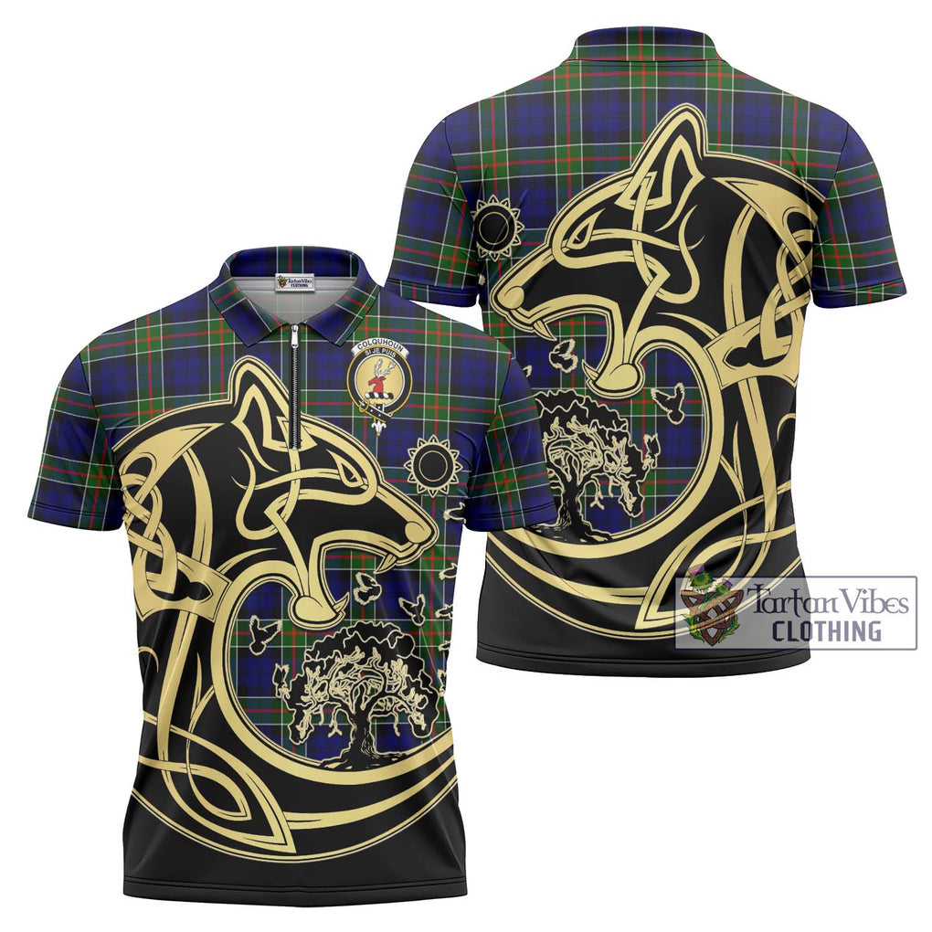 Colquhoun Tartan Zipper Polo Shirt with Family Crest Celtic Wolf Style Unisex - Tartanvibesclothing Shop