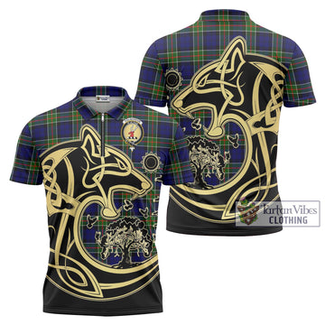 Colquhoun Tartan Zipper Polo Shirt with Family Crest Celtic Wolf Style