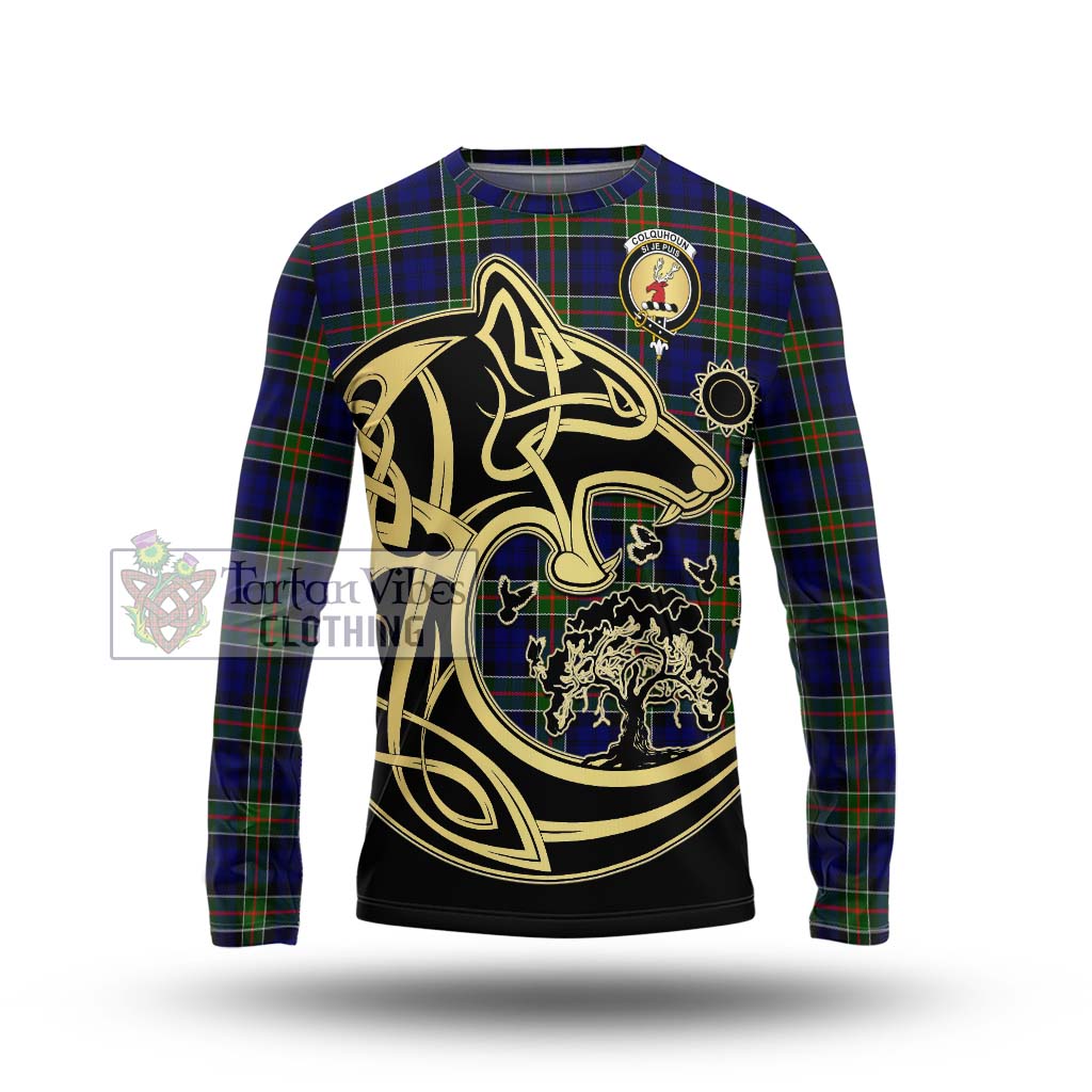 Tartan Vibes Clothing Colquhoun Modern Tartan Long Sleeve T-Shirt with Family Crest Celtic Wolf Style