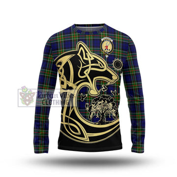 Colquhoun Modern Tartan Long Sleeve T-Shirt with Family Crest Celtic Wolf Style