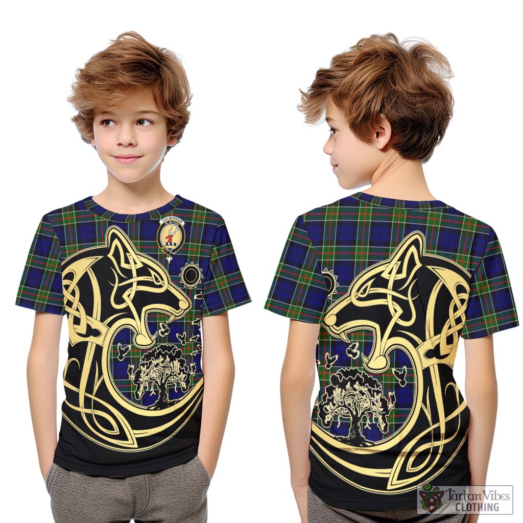 Tartan Vibes Clothing Colquhoun Modern Tartan Kid T-Shirt with Family Crest Celtic Wolf Style