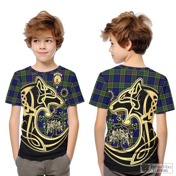 Colquhoun Modern Tartan Kid T-Shirt with Family Crest Celtic Wolf Style