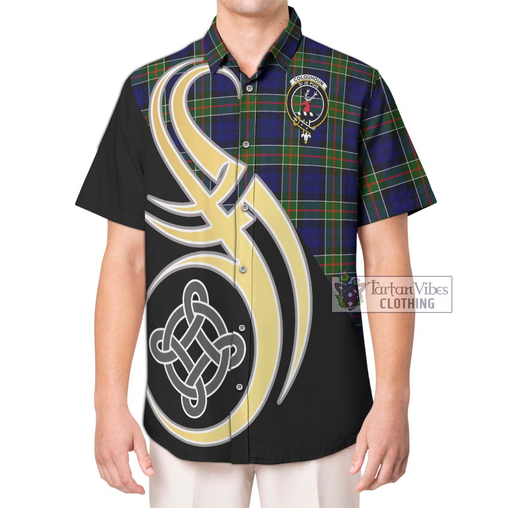 Colquhoun Tartan Short Sleeve Button Shirt with Family Crest and Celtic Symbol Style Kid - Tartan Vibes Clothing