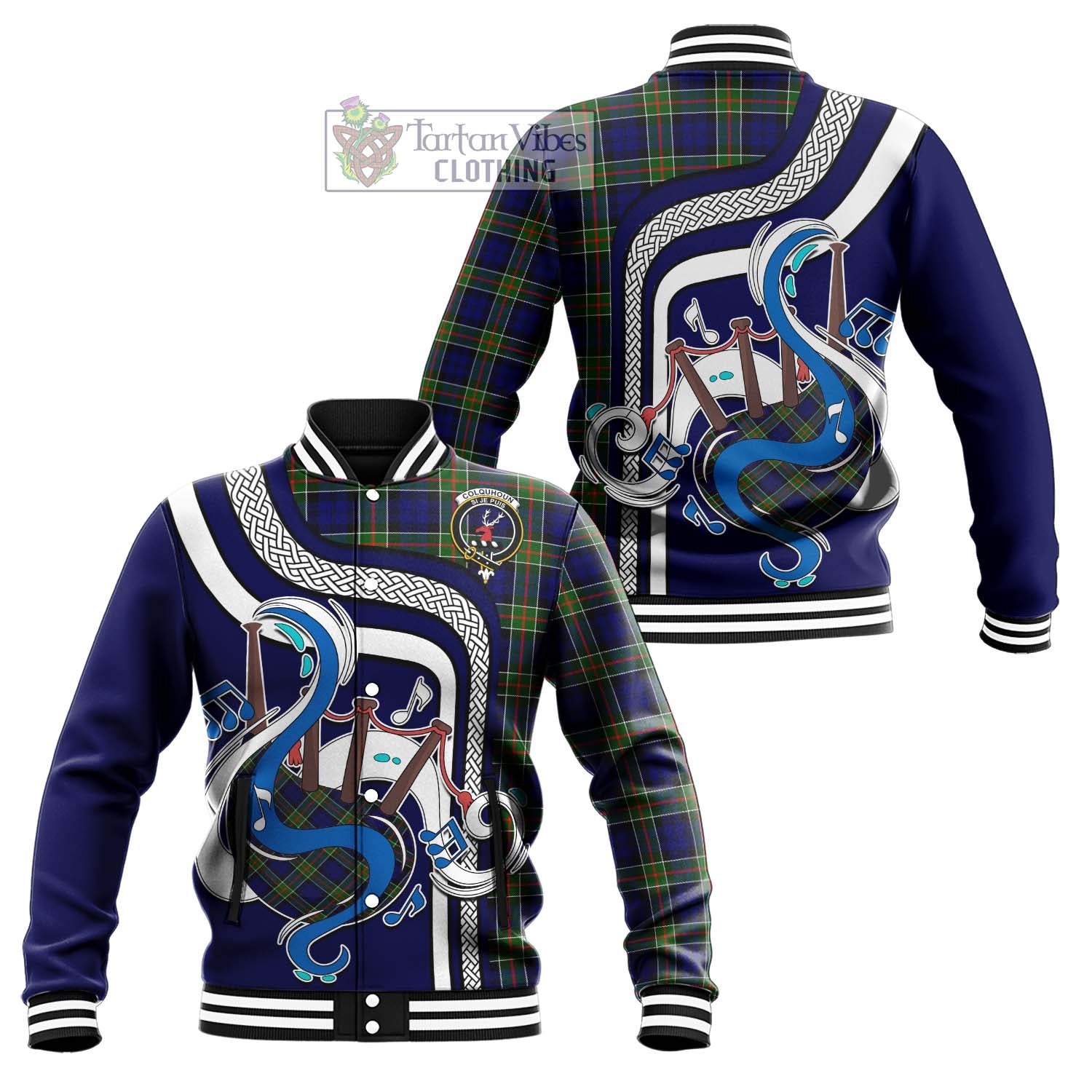 Tartan Vibes Clothing Colquhoun Modern Tartan Baseball Jacket with Epic Bagpipe Style