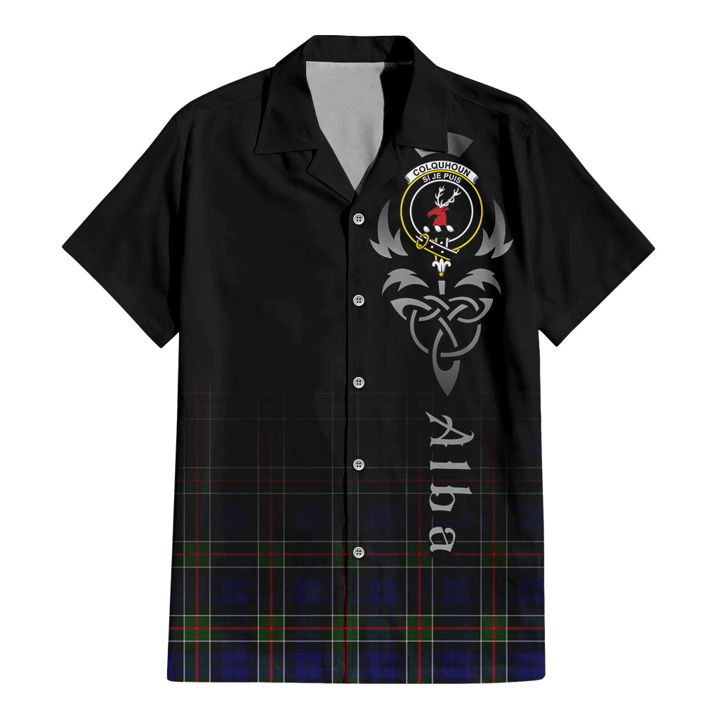 Tartan Vibes Clothing Colquhoun Modern Tartan Short Sleeve Button Up Featuring Alba Gu Brath Family Crest Celtic Inspired