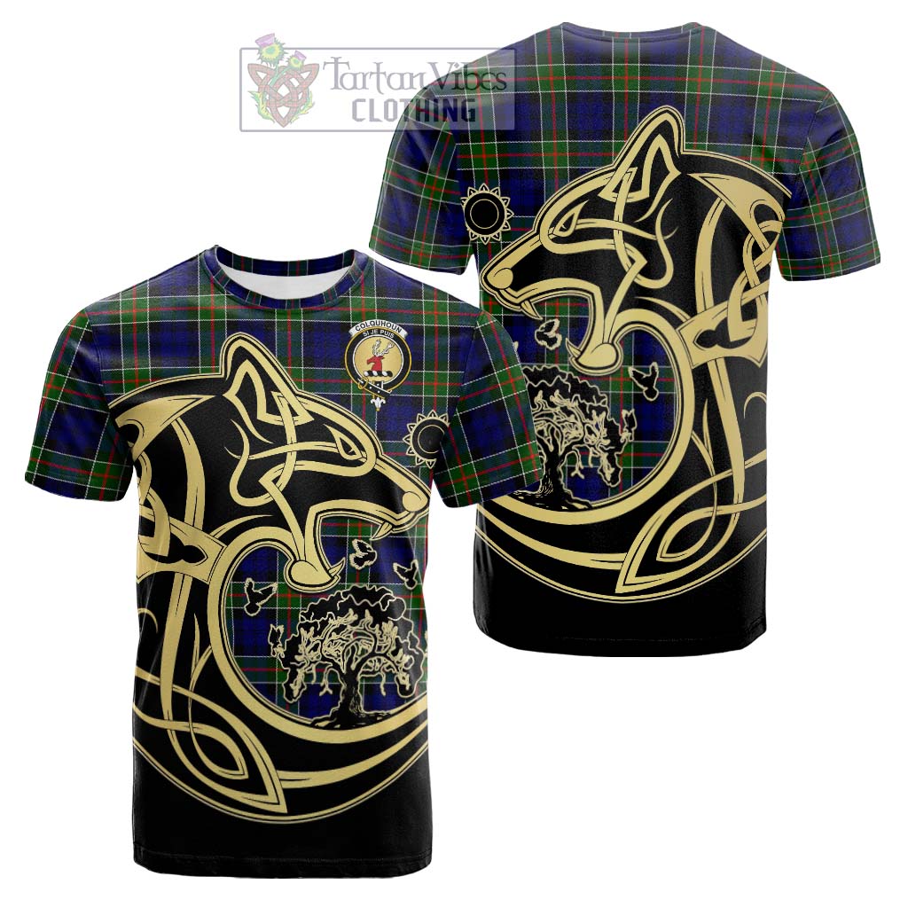 Tartan Vibes Clothing Colquhoun Modern Tartan Cotton T-shirt with Family Crest Celtic Wolf Style