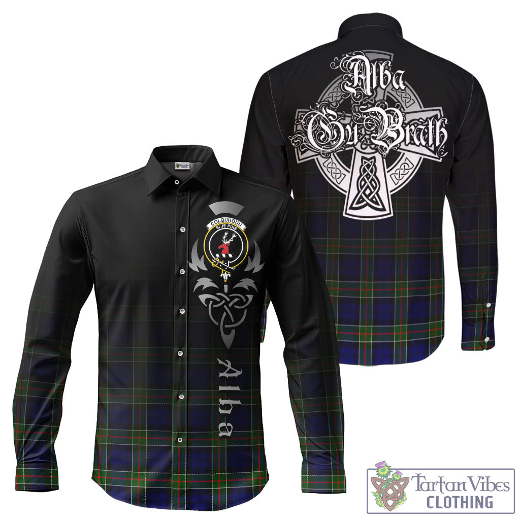 Tartan Vibes Clothing Colquhoun Modern Tartan Long Sleeve Button Up Featuring Alba Gu Brath Family Crest Celtic Inspired