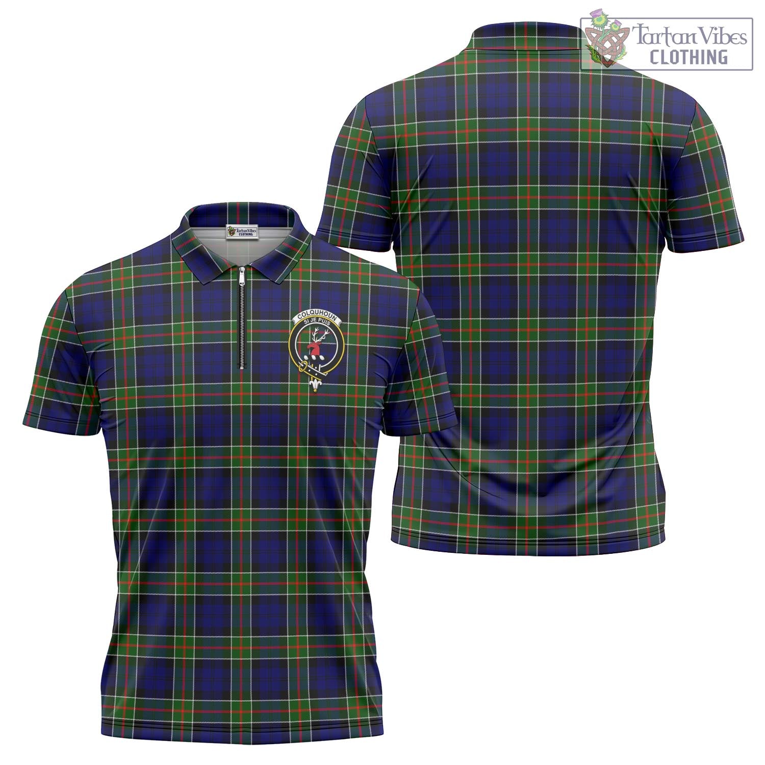 Tartan Vibes Clothing Colquhoun Modern Tartan Zipper Polo Shirt with Family Crest