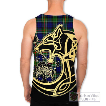 Colquhoun Modern Tartan Men's Tank Top with Family Crest Celtic Wolf Style