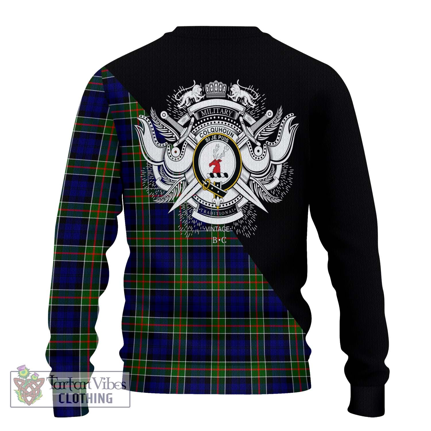 Tartan Vibes Clothing Colquhoun Modern Tartan Knitted Sweater with Family Crest and Military Logo Style